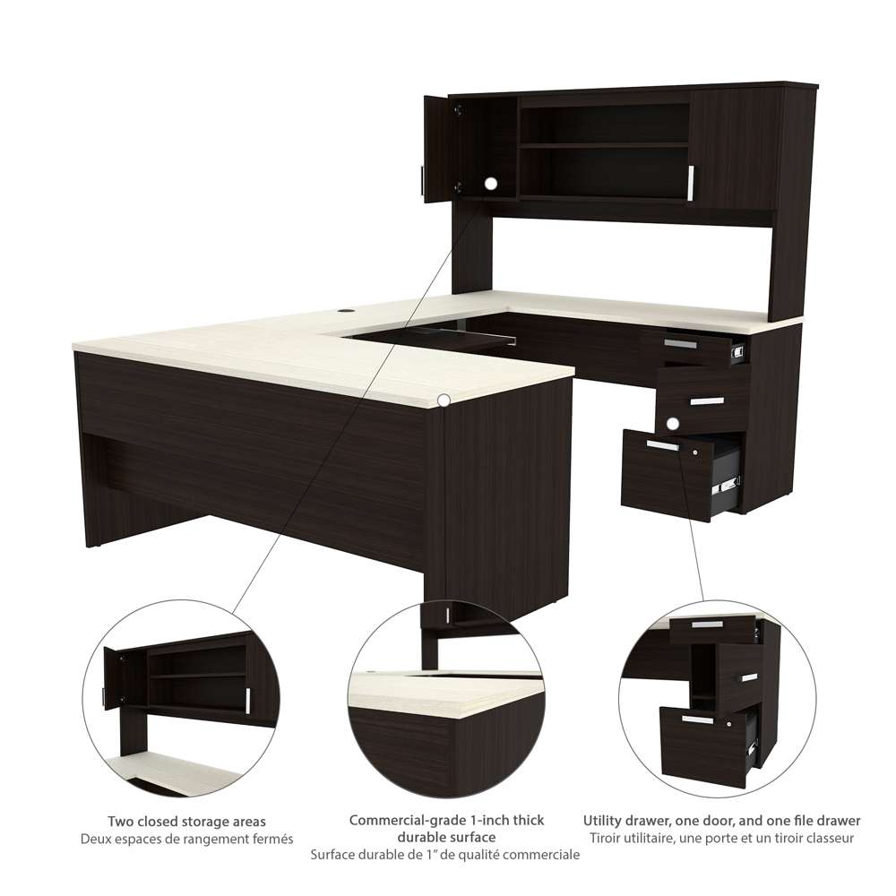 Bestar - Ridgeley 65W U-Shaped Desk with Hutch, Lateral File Cabinet, and Bookcase in White Chocolate - 52850-31 veiw 4