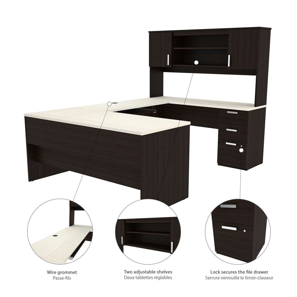 Bestar - Ridgeley 65W U-Shaped Desk with Hutch, Lateral File Cabinet, and Bookcase in White Chocolate - 52850-31 veiw 5