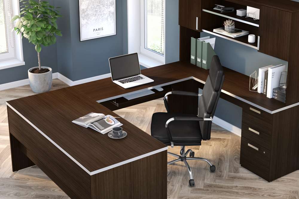 Bestar - Ridgeley 65W U-Shaped Executive Desk with Pedestal and Hutch in Dark Chocolate - 52414-79 veiw 2