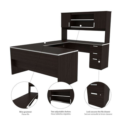 Bestar - Ridgeley 65W U-Shaped Executive Desk with Pedestal and Hutch in Dark Chocolate - 52414-79 veiw 5