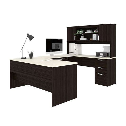Bestar - Ridgeley 65W U-Shaped Executive Desk with Pedestal and Hutch in White Chocolate - 52414-31 veiw 1