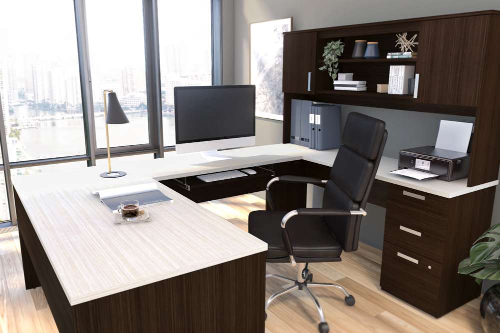 Bestar - Ridgeley 65W U-Shaped Executive Desk with Pedestal and Hutch in White Chocolate - 52414-31 veiw 4