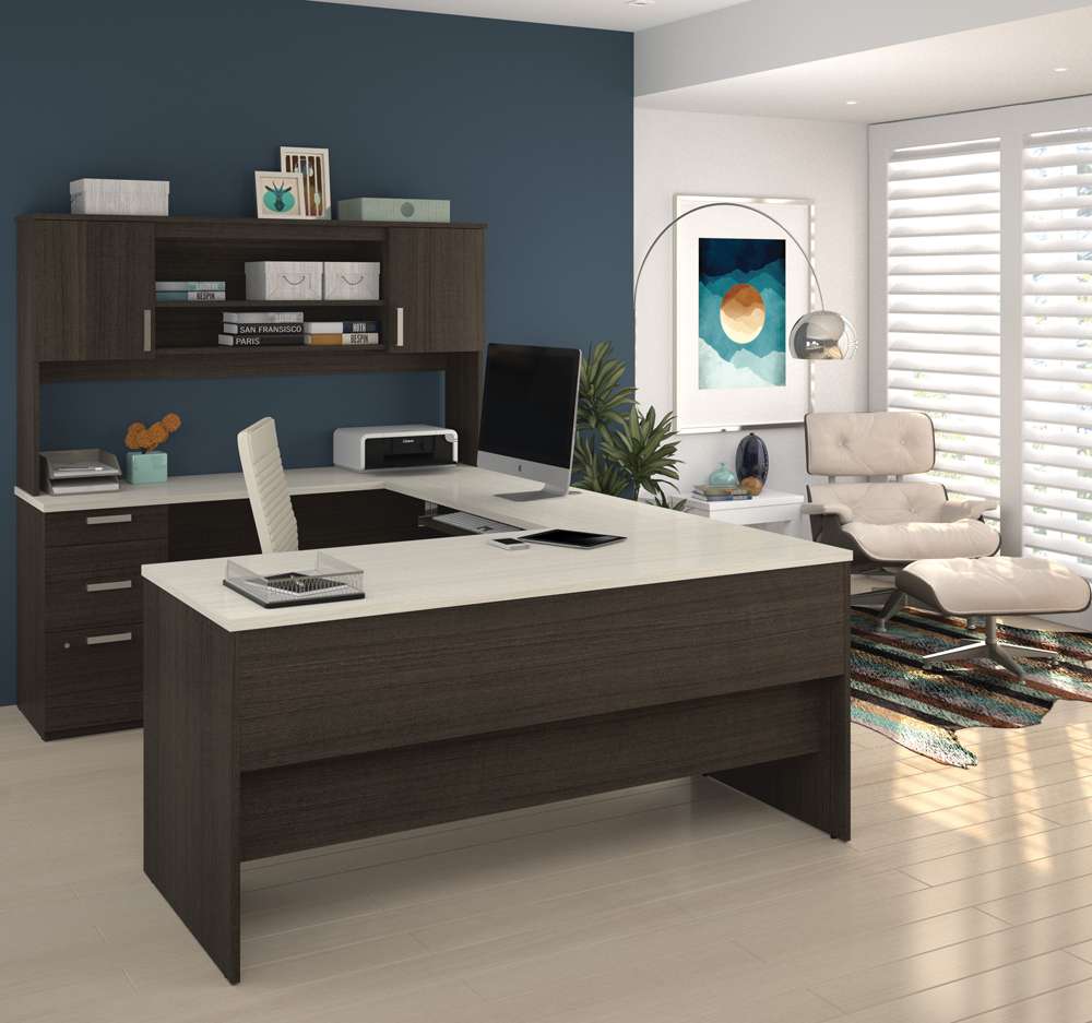 Bestar - Ridgeley 65W U-Shaped Executive Desk with Pedestal and Hutch in White Chocolate - 52414-31 veiw 5