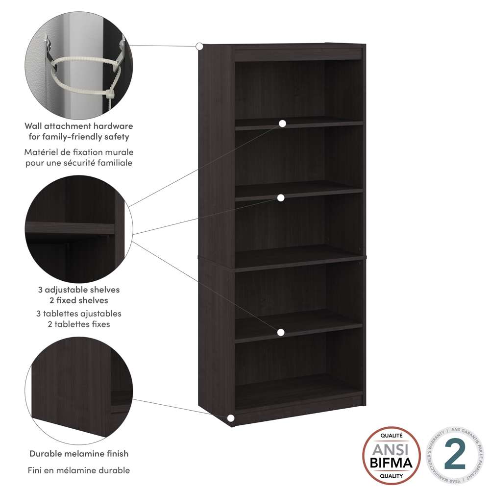 Bestar - Universel 30W Standard 5 Shelf Bookcase in Charcoal Maple - 165700-000140 veiw 6