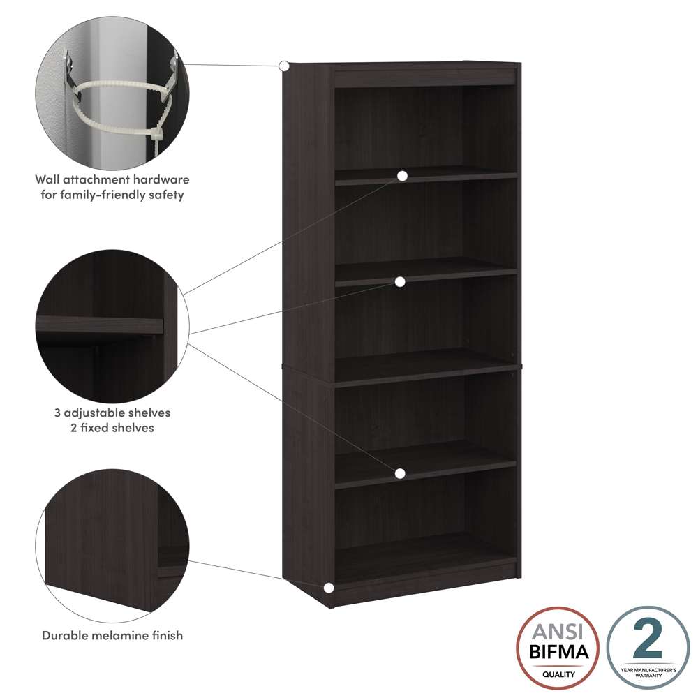 Bestar - Universel 30W Standard 5 Shelf Bookcase in Charcoal Maple - 165700-000140 veiw 7
