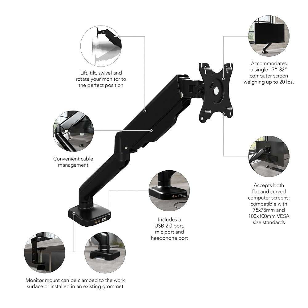 Bush Furniture - Adjustable Monitor Arm with USB Port in Satin Black - AC99890-03 veiw 3