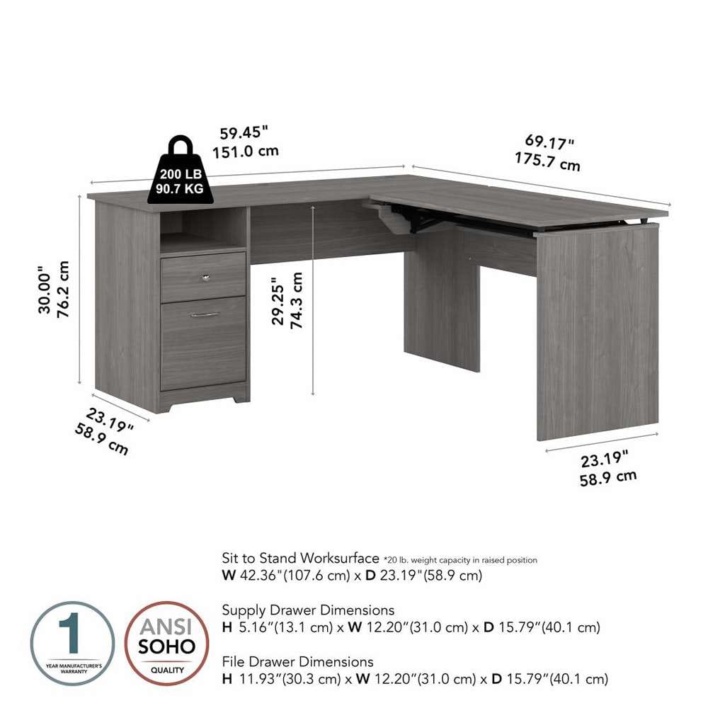 Bush Furniture - Cabot 60W 3 Position Sit to Stand L Shaped Desk in Modern Gray - CAB043MG veiw 8
