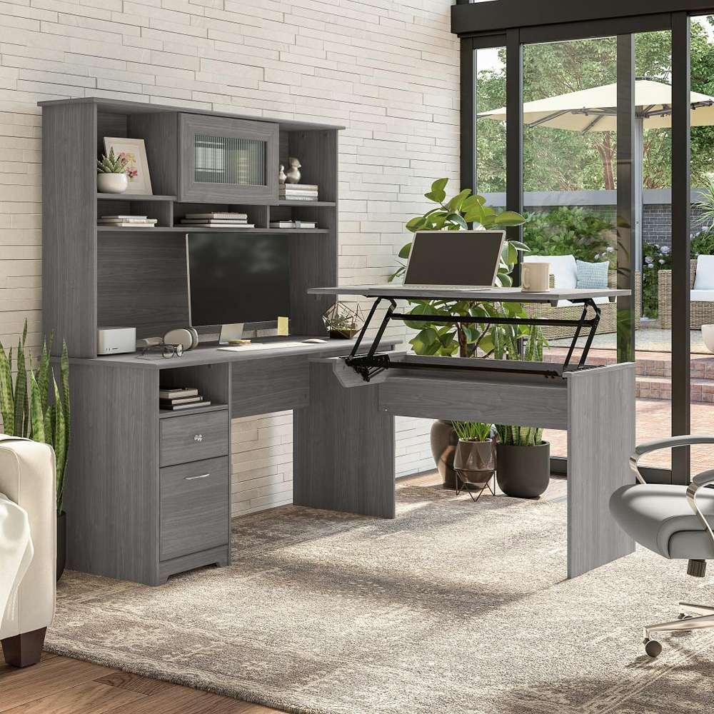 Bush Furniture - Cabot 60W 3 Position Sit to Stand L Shaped Desk with Hutch in Modern Gray - CAB045MG veiw 2