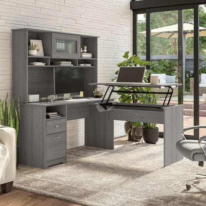 Bush Furniture - Cabot 60W 3 Position Sit to Stand L Shaped Desk with Hutch in Modern Gray - CAB045MG veiw 2