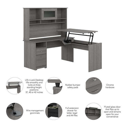 Bush Furniture - Cabot 60W 3 Position Sit to Stand L Shaped Desk with Hutch in Modern Gray - CAB045MG veiw 4