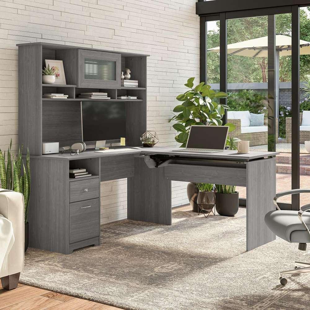 Bush Furniture - Cabot 60W 3 Position Sit to Stand L Shaped Desk with Hutch in Modern Gray - CAB045MG veiw 7