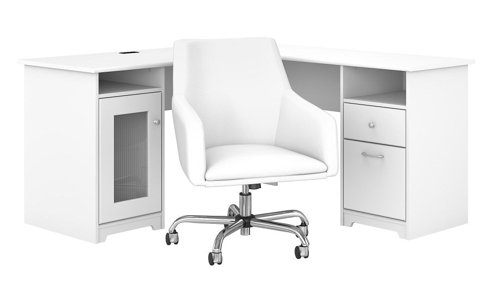 Bush Furniture - Cabot 60W L Shaped Computer Desk with Mid Back Leather Box Chair in White - CAB059WHN veiw 1