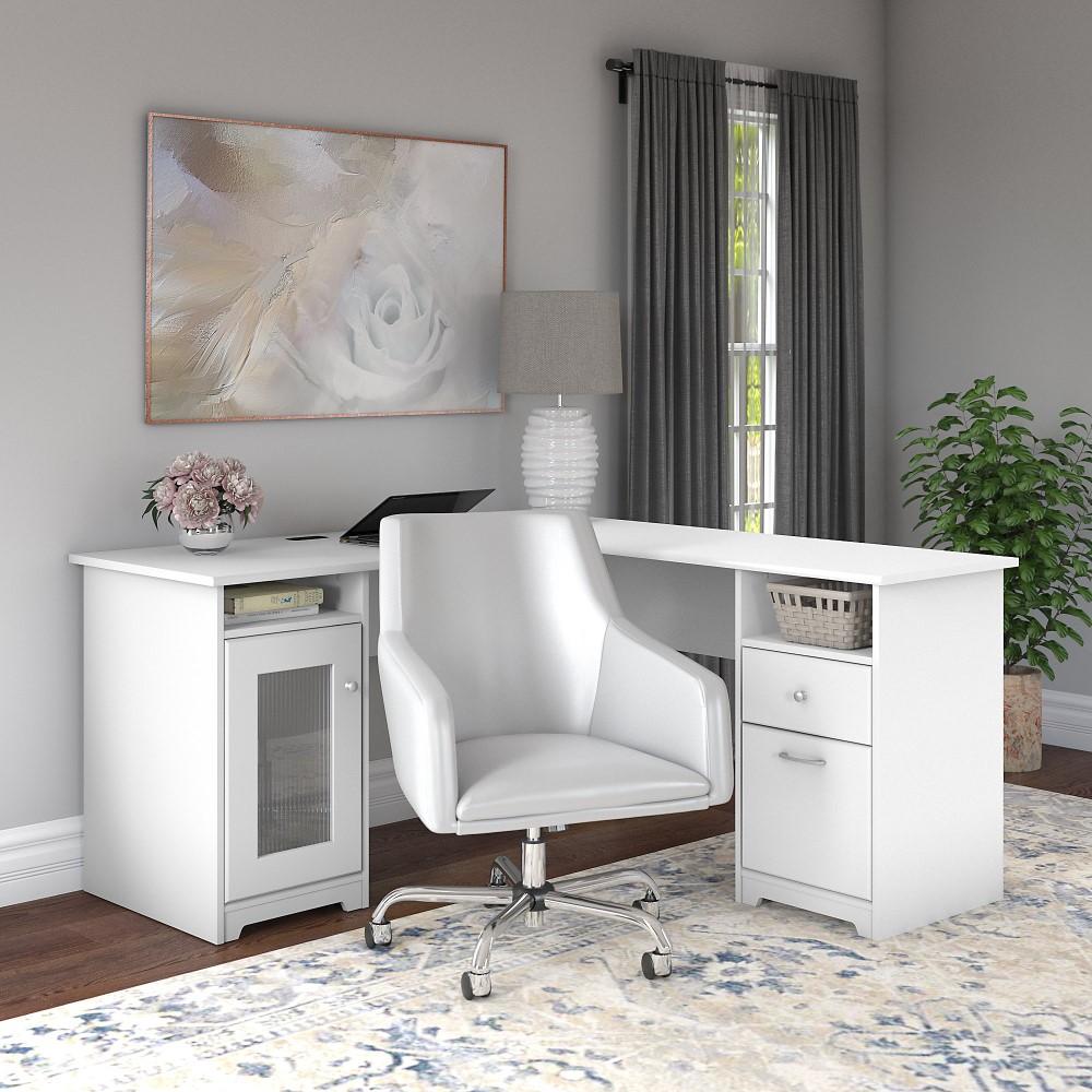 Bush Furniture - Cabot 60W L Shaped Computer Desk with Mid Back Leather Box Chair in White - CAB059WHN veiw 3
