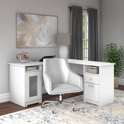 Bush Furniture - Cabot 60W L Shaped Computer Desk with Mid Back Leather Box Chair in White - CAB059WHN veiw 3