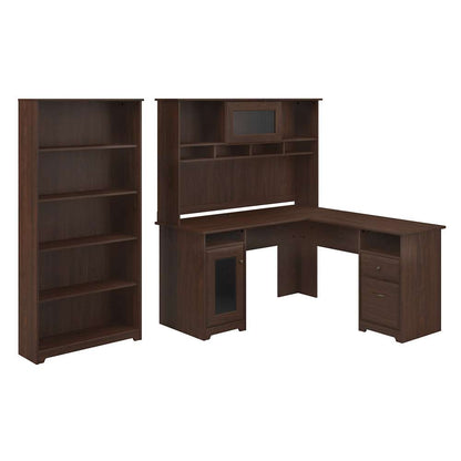 Bush Furniture - Cabot 60W L Shaped Computer Desk with Hutch and 5 Shelf Bookcase in Modern Walnut - CAB011MW veiw 1