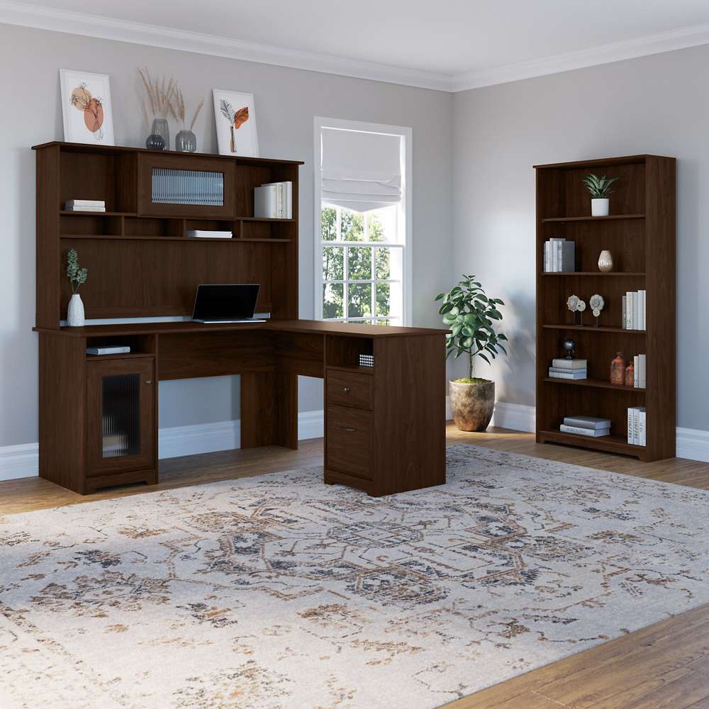 Bush Furniture - Cabot 60W L Shaped Computer Desk with Hutch and 5 Shelf Bookcase in Modern Walnut - CAB011MW veiw 4