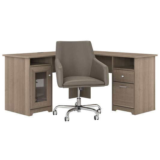 Bush Furniture - Cabot 60W L Shaped Computer Desk with Mid Back Leather Box Chair in Ash Gray - CAB059AG veiw 1