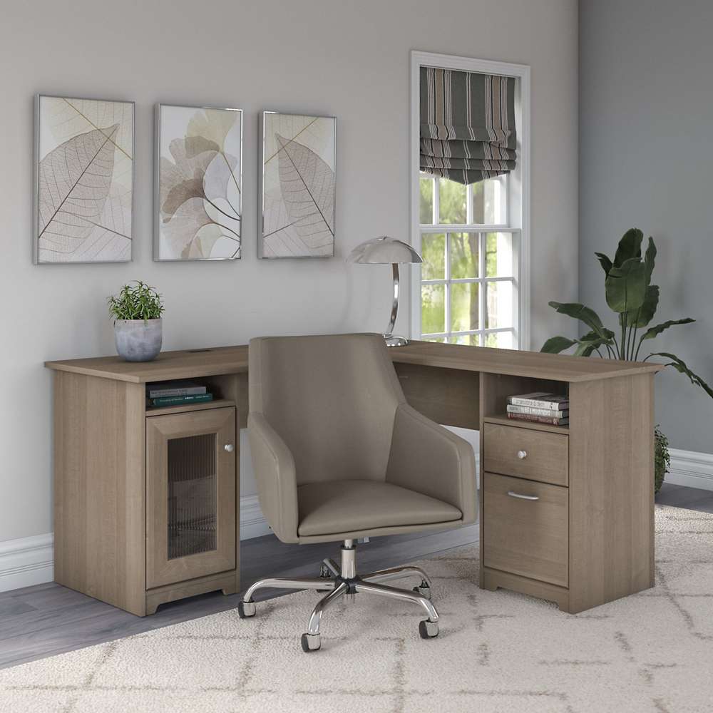 Bush Furniture - Cabot 60W L Shaped Computer Desk with Mid Back Leather Box Chair in Ash Gray - CAB059AG veiw 4