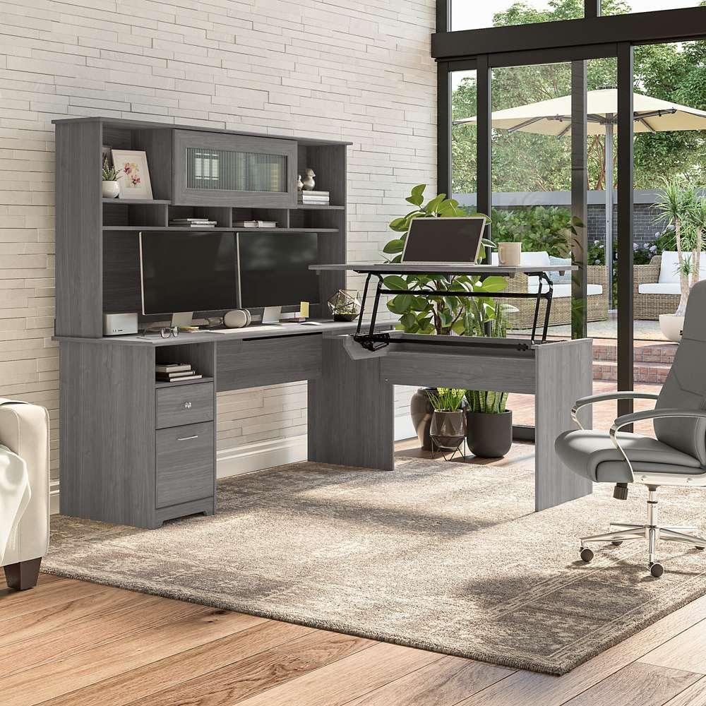 Bush Furniture - Cabot 72W 3 Position Sit to Stand L Shaped Desk with Hutch in Modern Gray - CAB052MG veiw 2