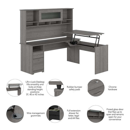 Bush Furniture - Cabot 72W 3 Position Sit to Stand L Shaped Desk with Hutch in Modern Gray - CAB052MG veiw 3