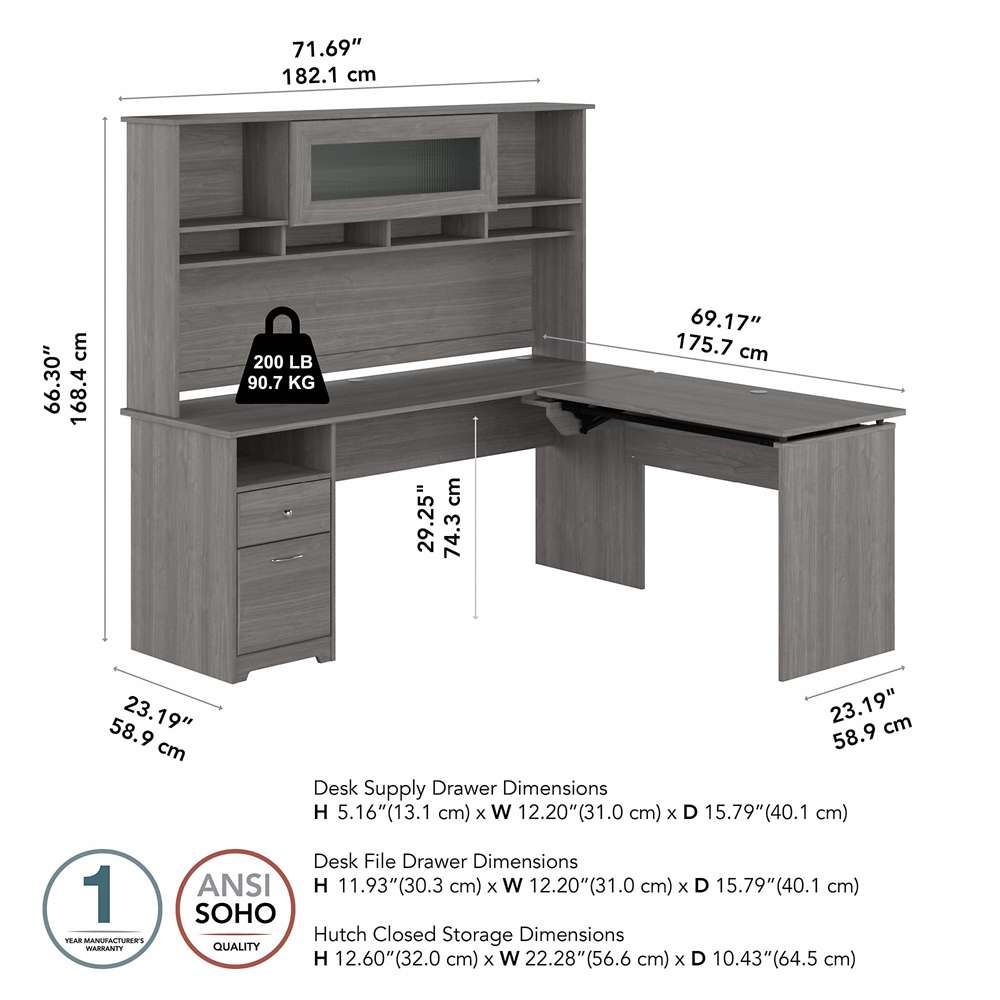 Bush Furniture - Cabot 72W 3 Position Sit to Stand L Shaped Desk with Hutch in Modern Gray - CAB052MG veiw 5