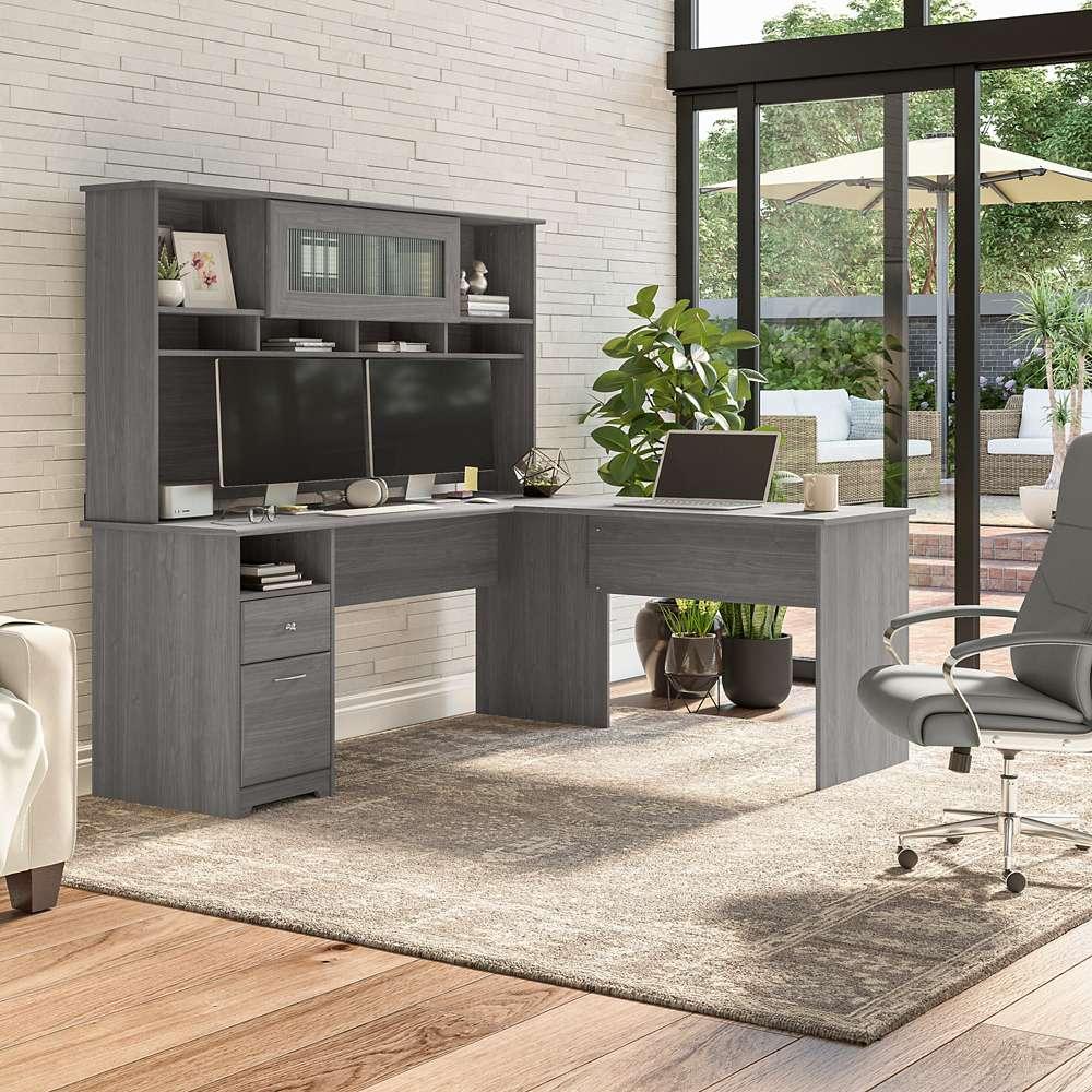 Bush Furniture - Cabot 72W L Shaped Computer Desk with Hutch and Drawers in Modern Gray - CAB053MG veiw 2