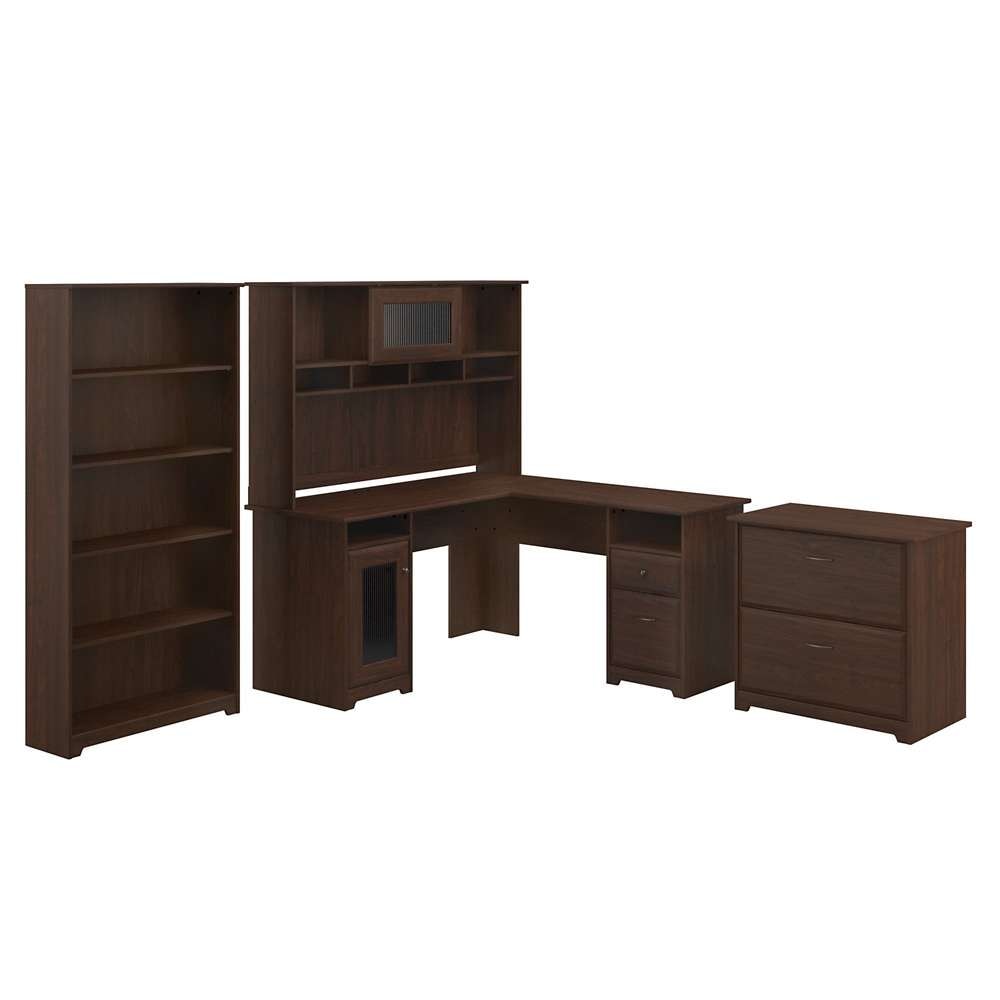 Bush Furniture - Cabot L Shaped Desk with Hutch, Lateral File Cabinet and 5 Shelf Bookcase in Modern Walnut - CAB010MW veiw 1