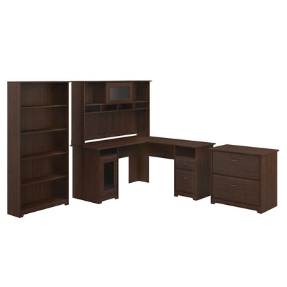 Bush Furniture - Cabot L Shaped Desk with Hutch, Lateral File Cabinet and 5 Shelf Bookcase in Modern Walnut - CAB010MW veiw 1