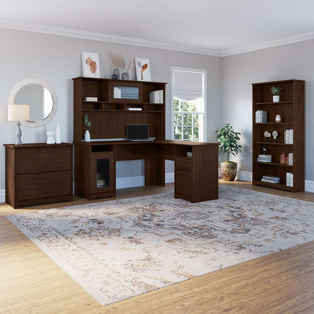 Bush Furniture - Cabot L Shaped Desk with Hutch, Lateral File Cabinet and 5 Shelf Bookcase in Modern Walnut - CAB010MW veiw 4