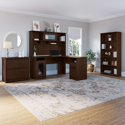 Bush Furniture - Cabot L Shaped Desk with Hutch, Lateral File Cabinet and 5 Shelf Bookcase in Modern Walnut - CAB010MW veiw 4