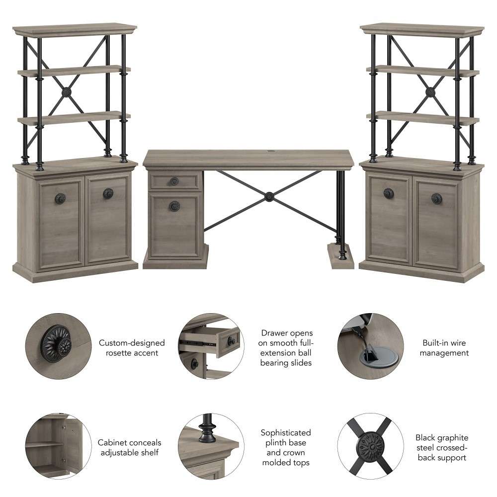 Bush Furniture - Coliseum 60W Designer Desk with (Set of 2) Bookcases with Doors in Driftwood Gray - CSM004DG veiw 3