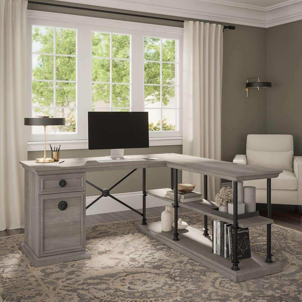 Bush Furniture - Coliseum 64W Designer L Shaped Desk with Storage in Driftwood Gray - CSD164DG-03K veiw 2