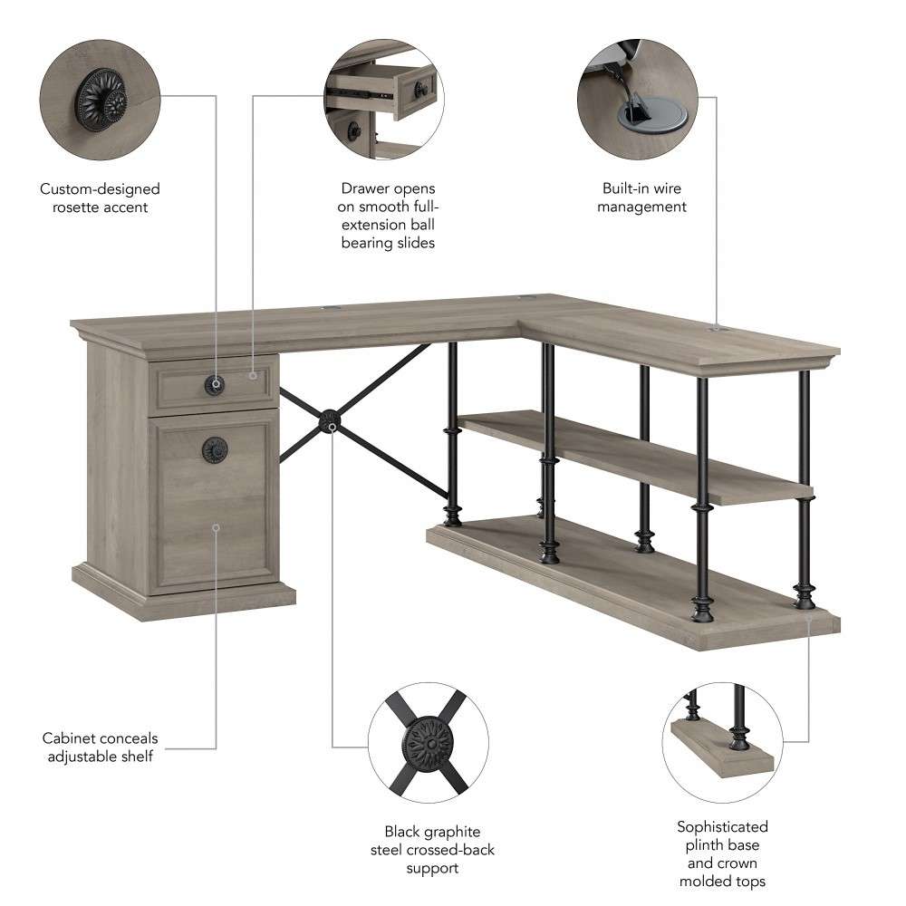 Bush Furniture - Coliseum 64W Designer L Shaped Desk with Storage in Driftwood Gray - CSD164DG-03K veiw 4