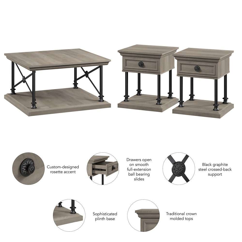 Bush Furniture - Coliseum Square Coffee Table with Designer End Tables Driftwood Gray - CSM006DG veiw 3
