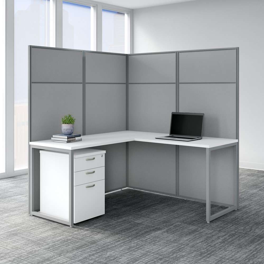 Bush Furniture - Easy Office 60W L Shaped Cubicle Desk with File Cabinet and 66H Panels in Pure White - EODH36SWH-03K veiw 2