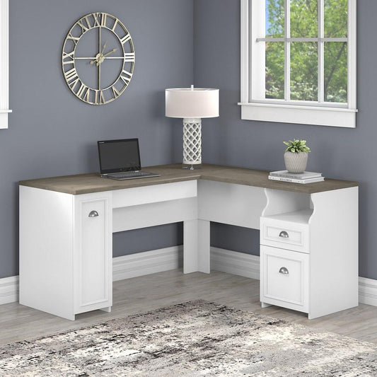 Bush Furniture - Fairview 60W L Shaped Desk with Drawers and Storage Cabinet in Pure White and Shiplap Gray - WC53630-03K veiw 2