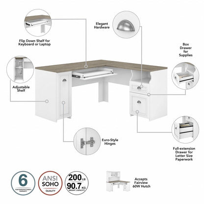 Bush Furniture - Fairview 60W L Shaped Desk with Drawers and Storage Cabinet in Pure White and Shiplap Gray - WC53630-03K veiw 3