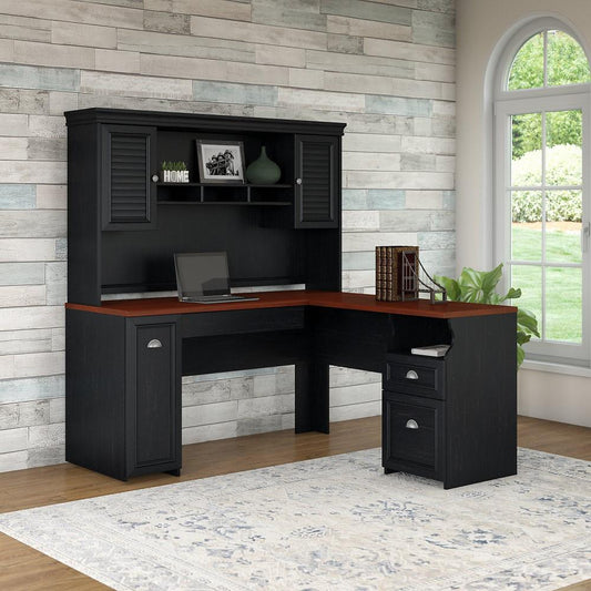Bush Furniture - Fairview L Shaped Desk with Hutch in Antique Black - FV004AB veiw 2