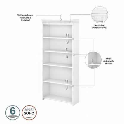 Bush Furniture - Fairview Tall 5 Shelf Bookcase in Pure White and Shiplap Gray - WC53665-03 veiw 3