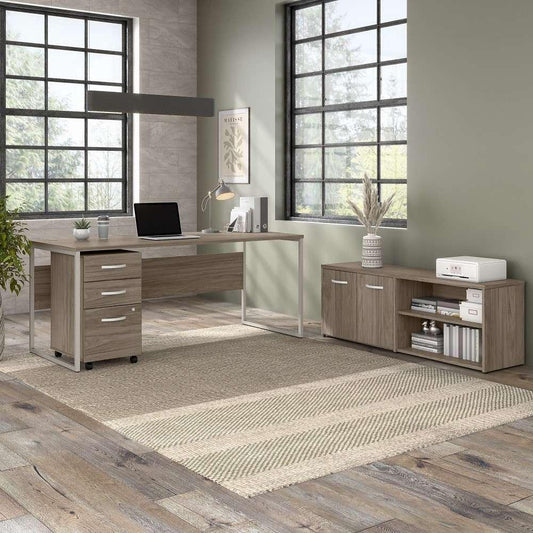 Bush Furniture - Hybrid 72W x 30D Computer Table Desk with Storage and Mobile File Cabinet in Modern Hickory - HYB014MHSU veiw 2
