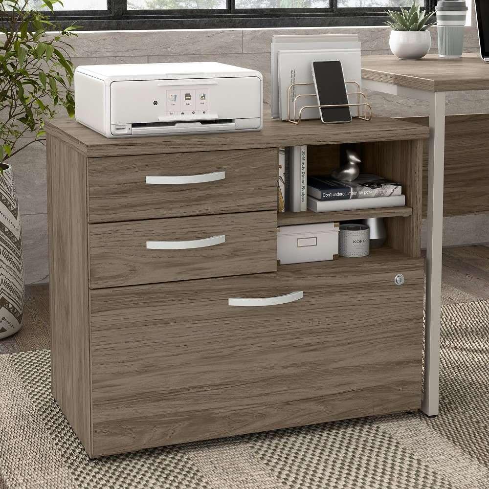 Bush Furniture - Hybrid Office Storage Cabinet with Drawers and Shelves in Modern Hickory - HYF130MHSU-Z veiw 2