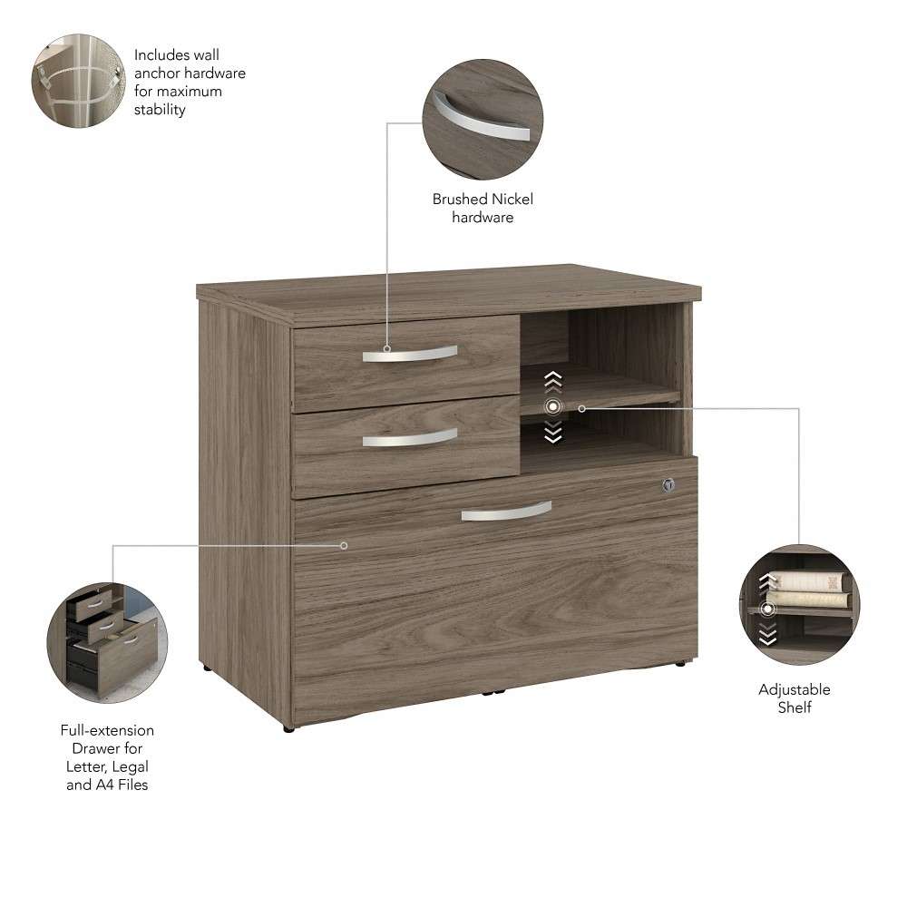 Bush Furniture - Hybrid Office Storage Cabinet with Drawers and Shelves in Modern Hickory - HYF130MHSU-Z veiw 3