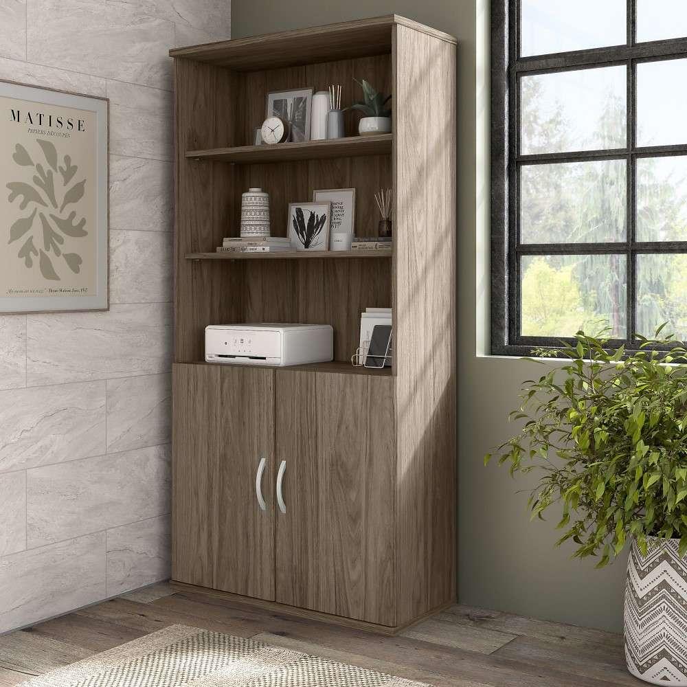 Bush Furniture - Hybrid Tall 5 Shelf Bookcase with Doors in Modern Hickory - HYB024MH veiw 2