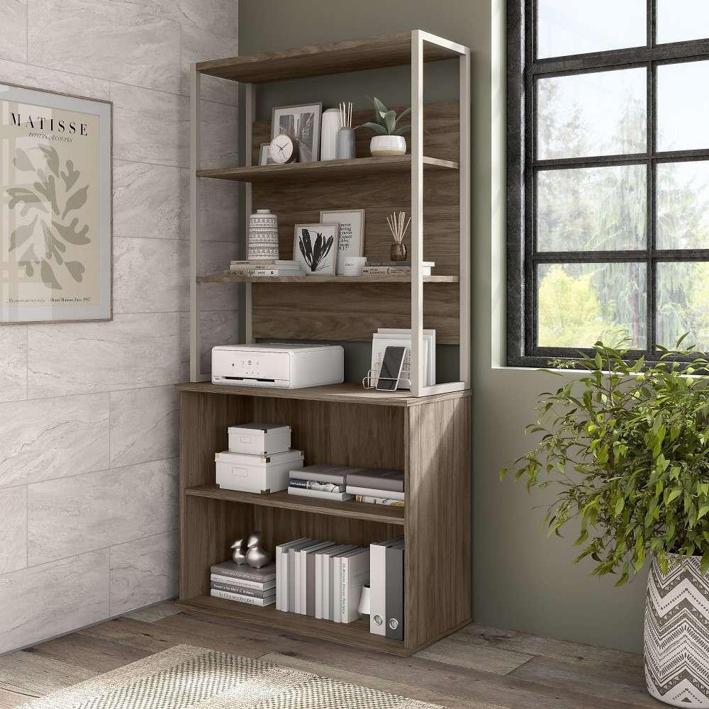 Bush Furniture - Hybrid Tall Etagere Bookcase in Modern Hickory - HYB023MH veiw 2