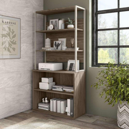 Bush Furniture - Hybrid Tall Etagere Bookcase in Modern Hickory - HYB023MH veiw 2