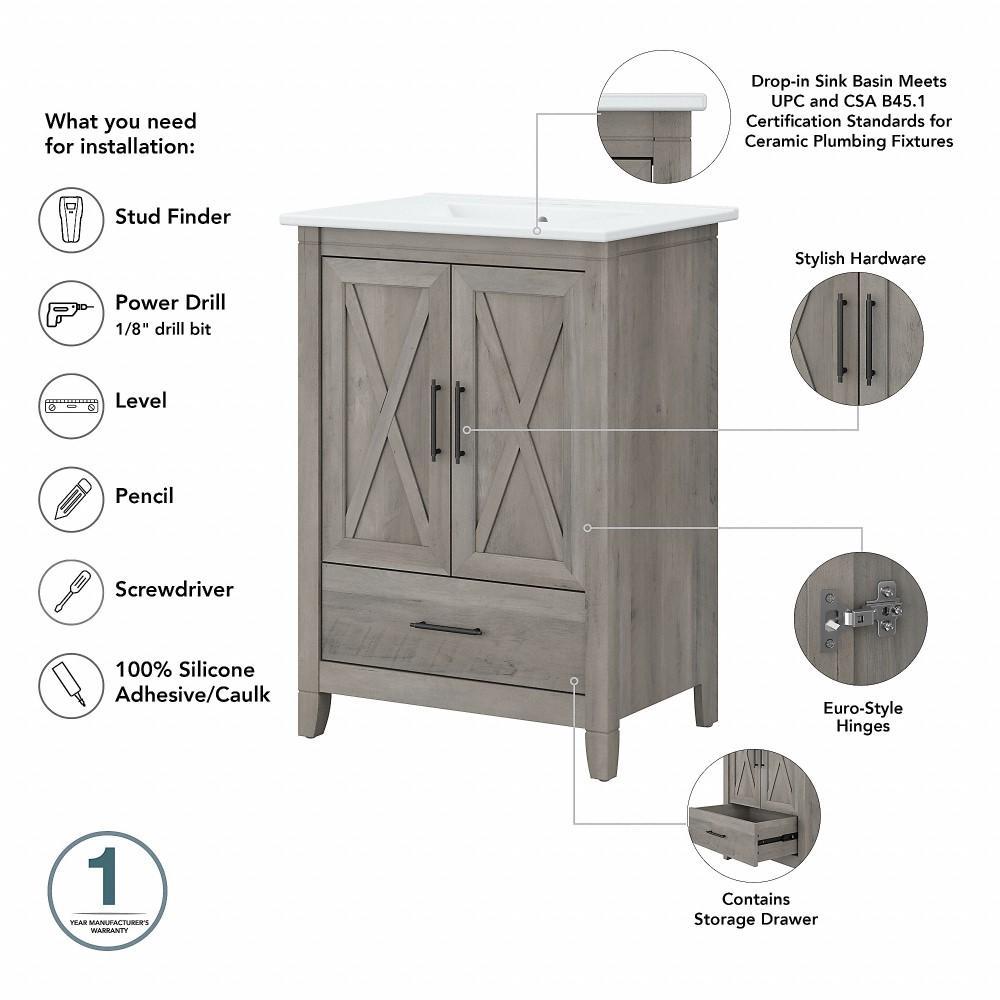 Bush Furniture - Key West 24W Bathroom Vanity with Sink in Driftwood Gray - KWVN124DG-03K veiw 3