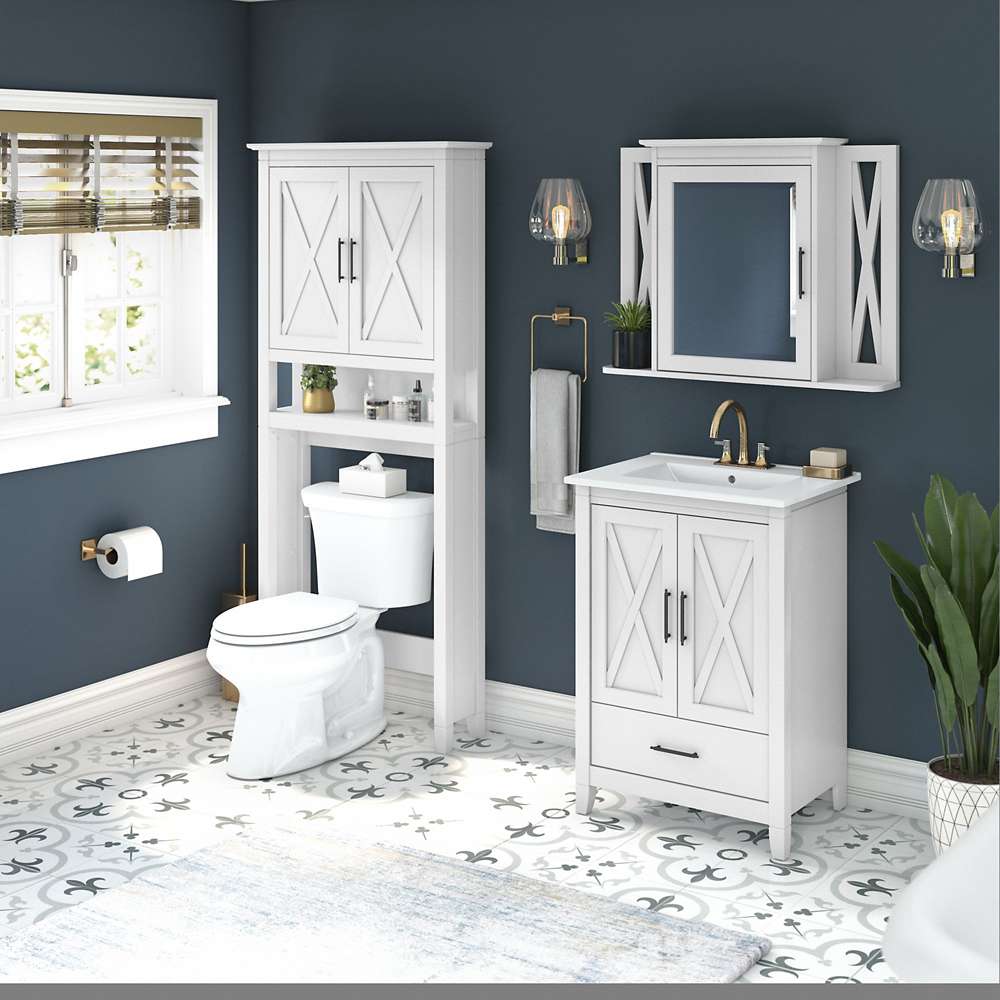 Bush Furniture - Key West 24W Bathroom Vanity Sink with Mirror and Over Toilet Storage Cabinet in White Ash - KWS031WAS veiw 4