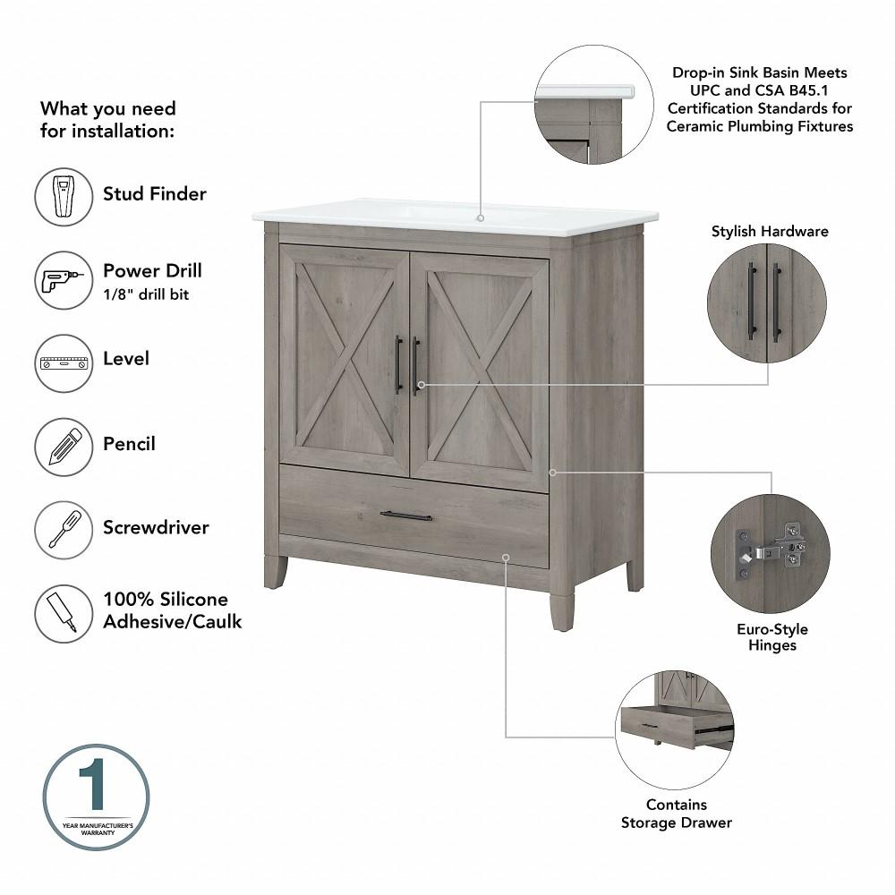 Bush Furniture - Key West 32W Bathroom Vanity with Sink in Driftwood Gray - KWVN132DG-03K veiw 3