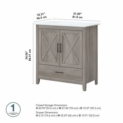 Bush Furniture - Key West 32W Bathroom Vanity with Sink in Driftwood Gray - KWVN132DG-03K veiw 6