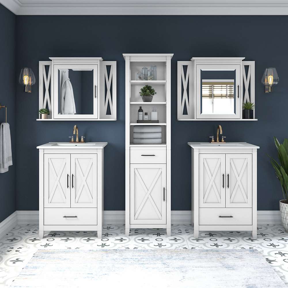 Bush Furniture - Key West 48W Double Vanity Set with Sinks, Medicine Cabinets and Linen Tower in White Ash - KWS043WAS veiw 4